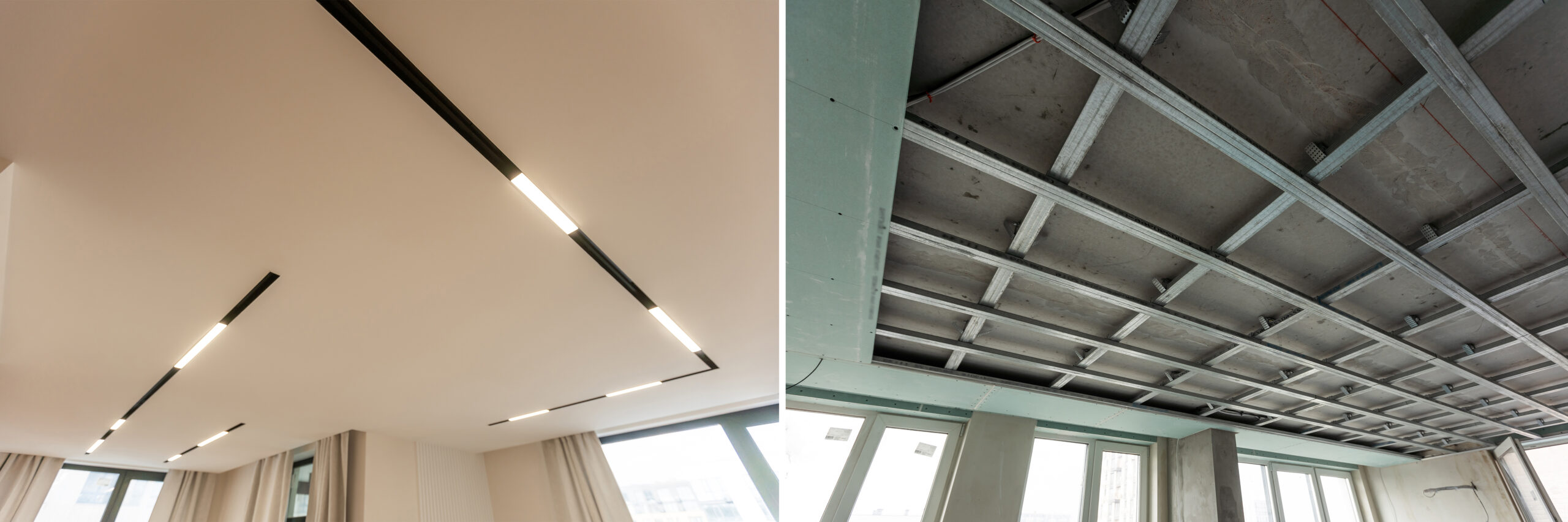 Construction of the wooden frame of a roof - Construction of Drywall-Plasterboard Before and after.
